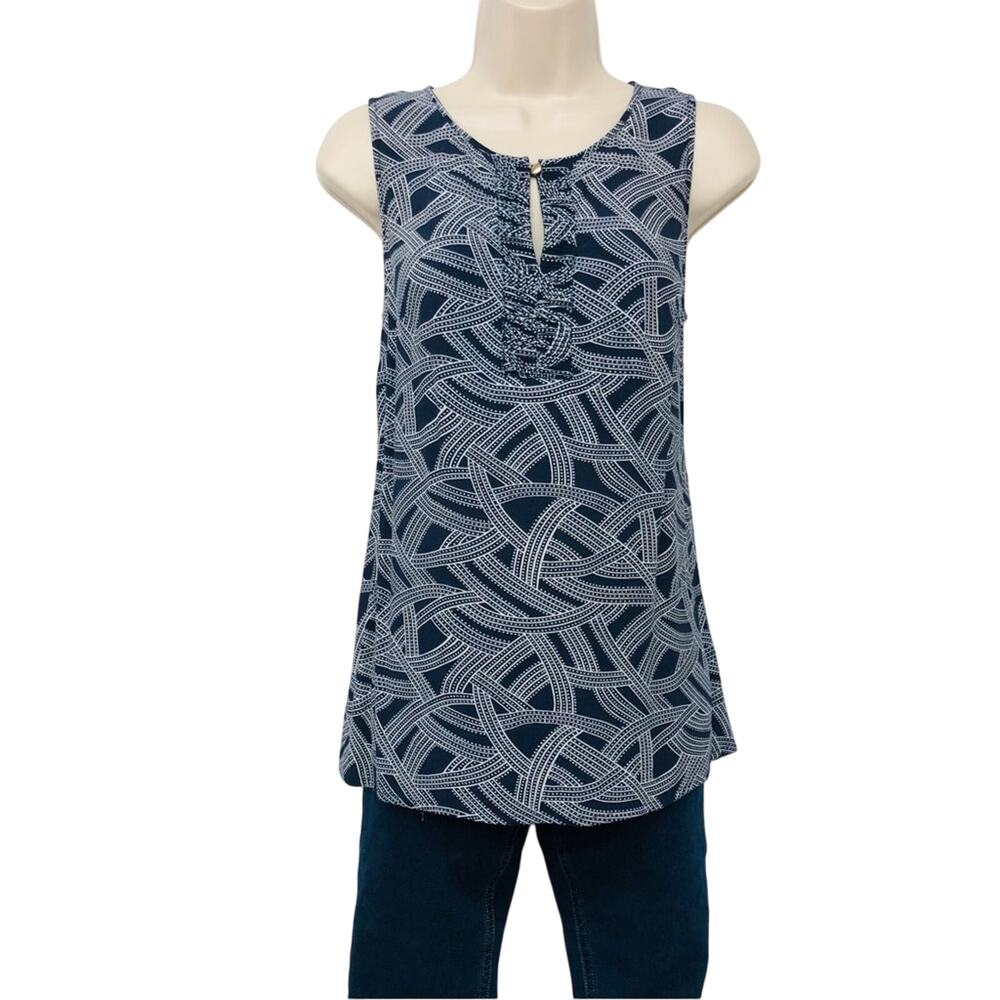Banana Republic Lightweight Navy White Swirl Print Sleeveless Top Ruffle Front - Picture 16 of 16